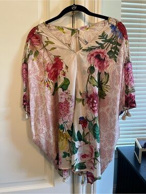 Johnny Was Pink Floral V-Neck Tunic with Green Leaf Accents